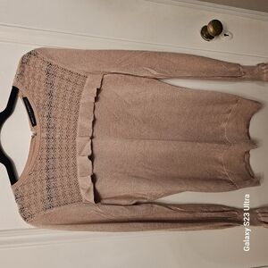 White House Black Market Cream Crew Neck Sweater with Smocked Detail